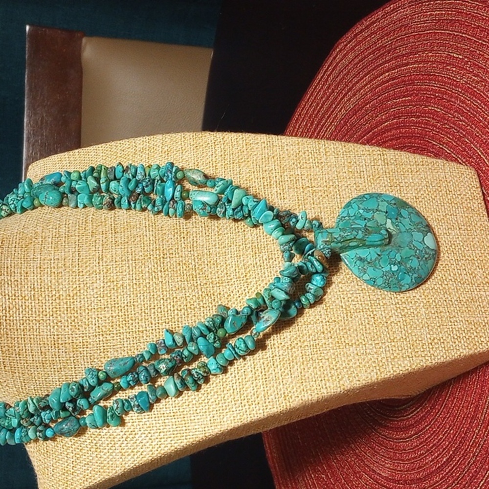 Genuine Turquoise Multi Strand Disc Necklace Stamped 925 - Picture 3 of 9